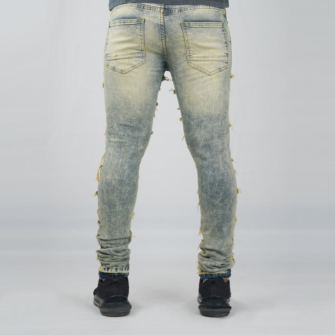 MENS FRAYED FABRIC PATCH TRIM PANTS (DENIM)