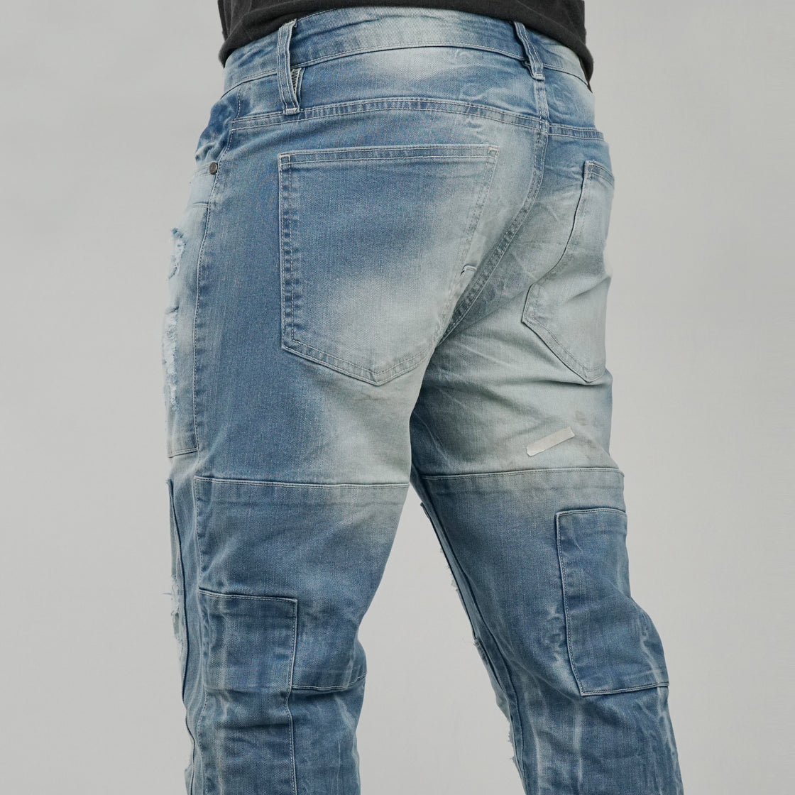 MENS PATCH JEANS WITH RIPS AND BACKING