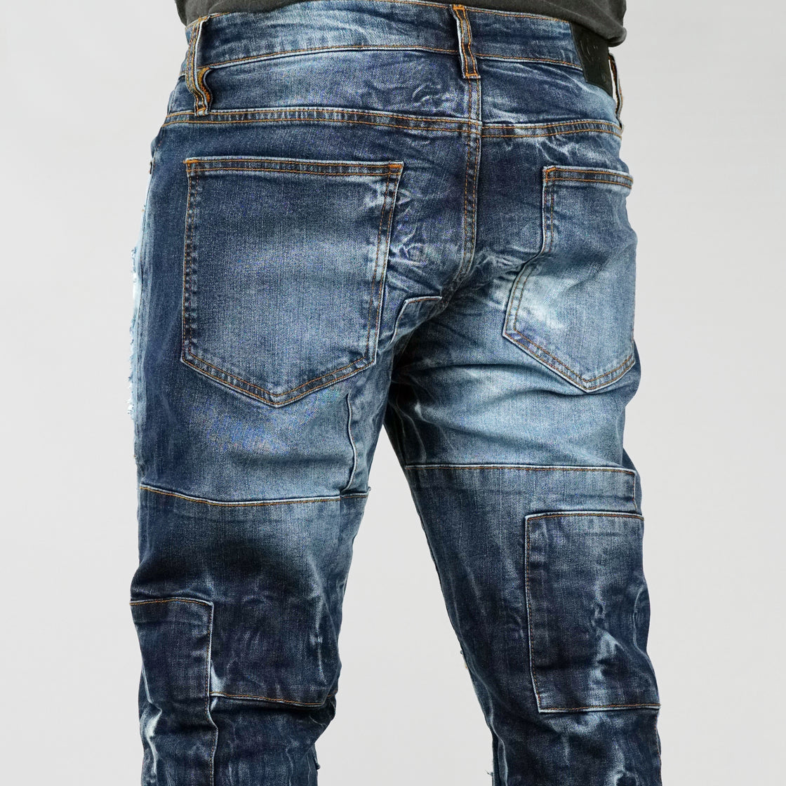 MENS PATCH JEANS WITH RIPS AND BACKING