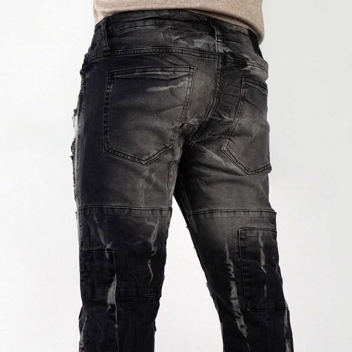 MENS PATCH JEANS WITH RIPS AND BACKING