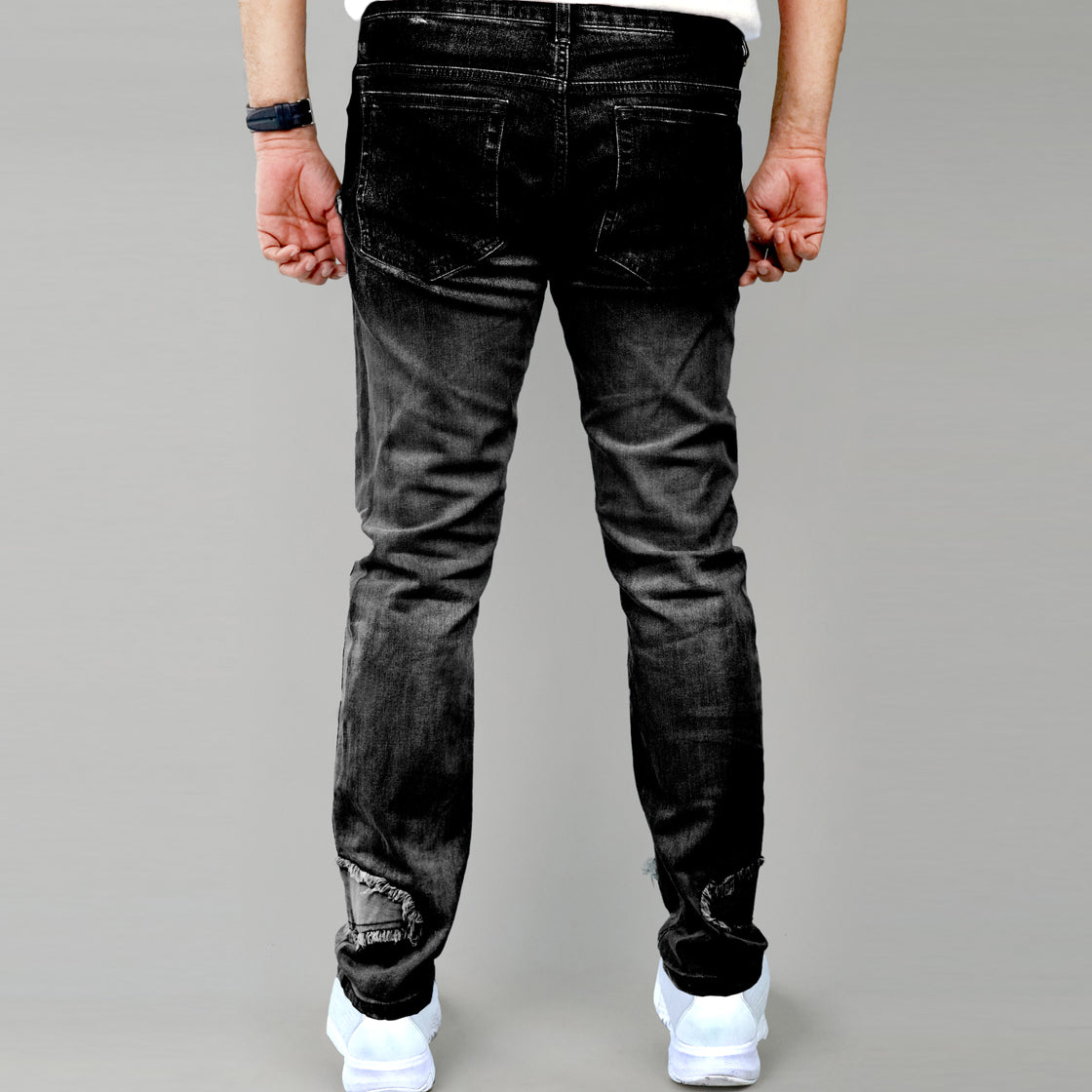 MENS DISTRESSED PATCH TRIM JEANS