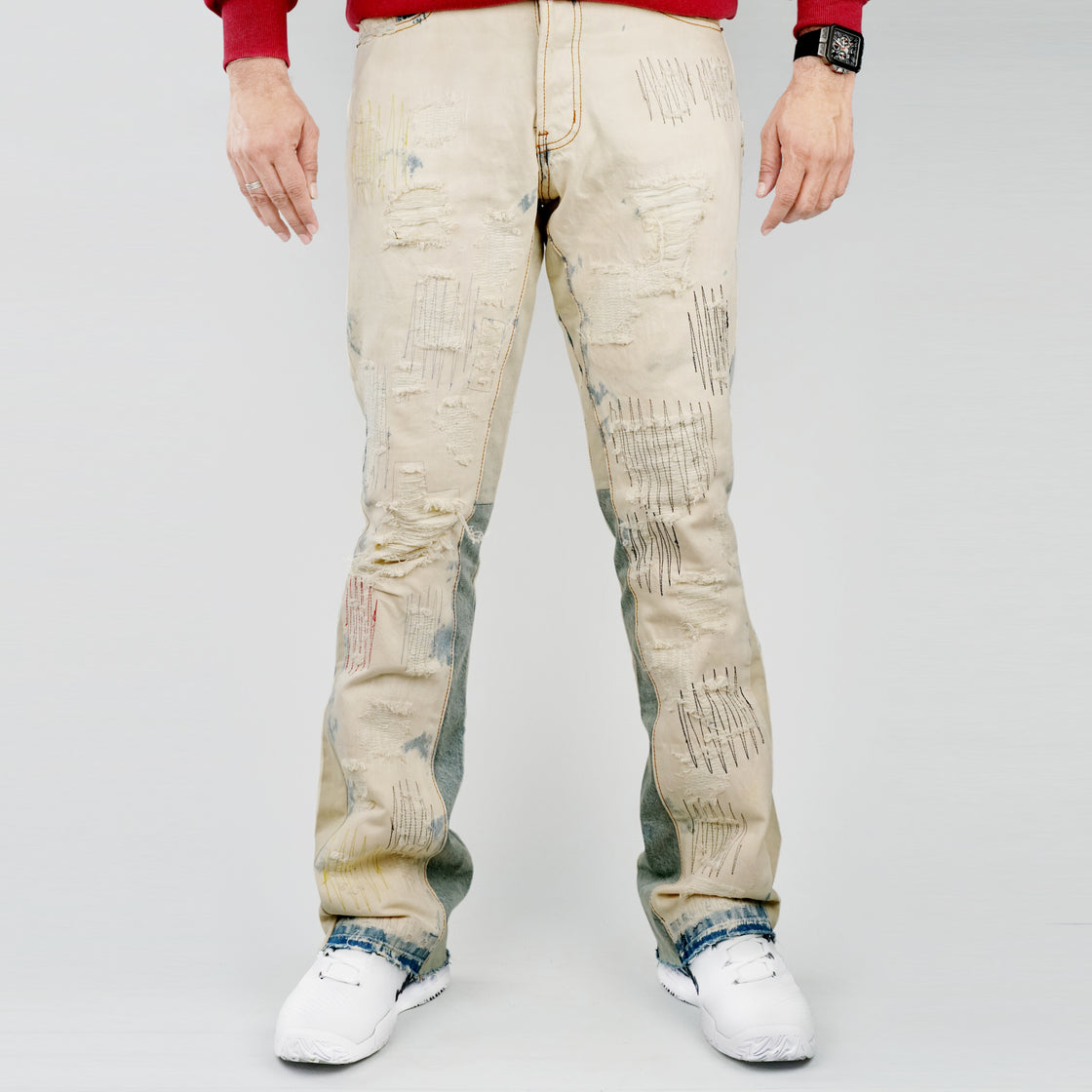 MENS RIP & REPAIRED BLEACH JEANS