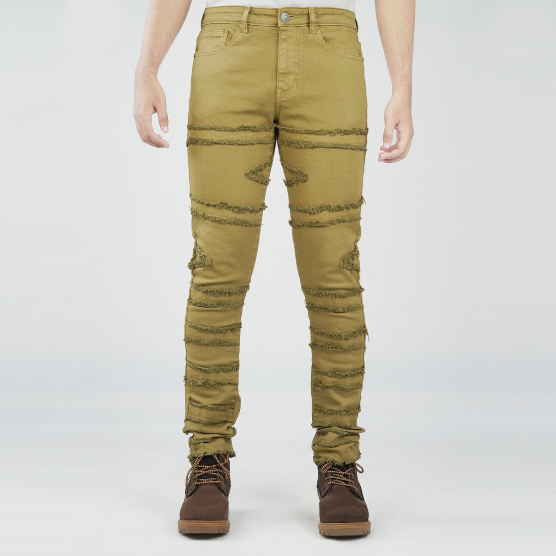 MENS FRAYED FABRIC PATCH TRIM PANTS (TWILL)