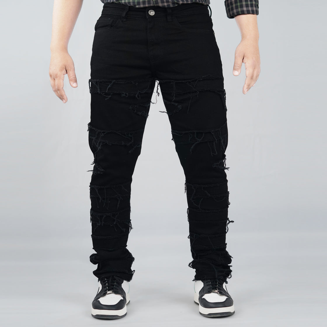 MENS FRAYED FABRIC PATCH TRIM PANTS (TWILL)