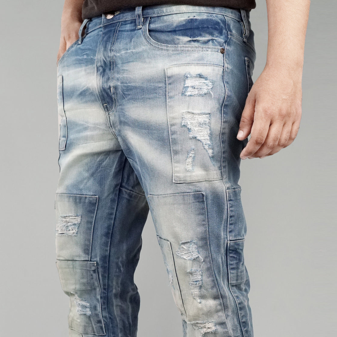 MENS PATCH JEANS WITH RIPS AND BACKING