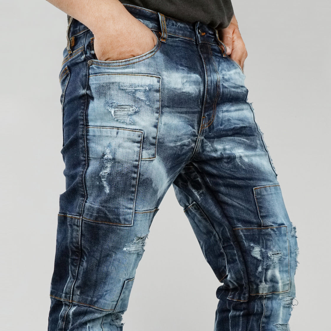 MENS PATCH JEANS WITH RIPS AND BACKING