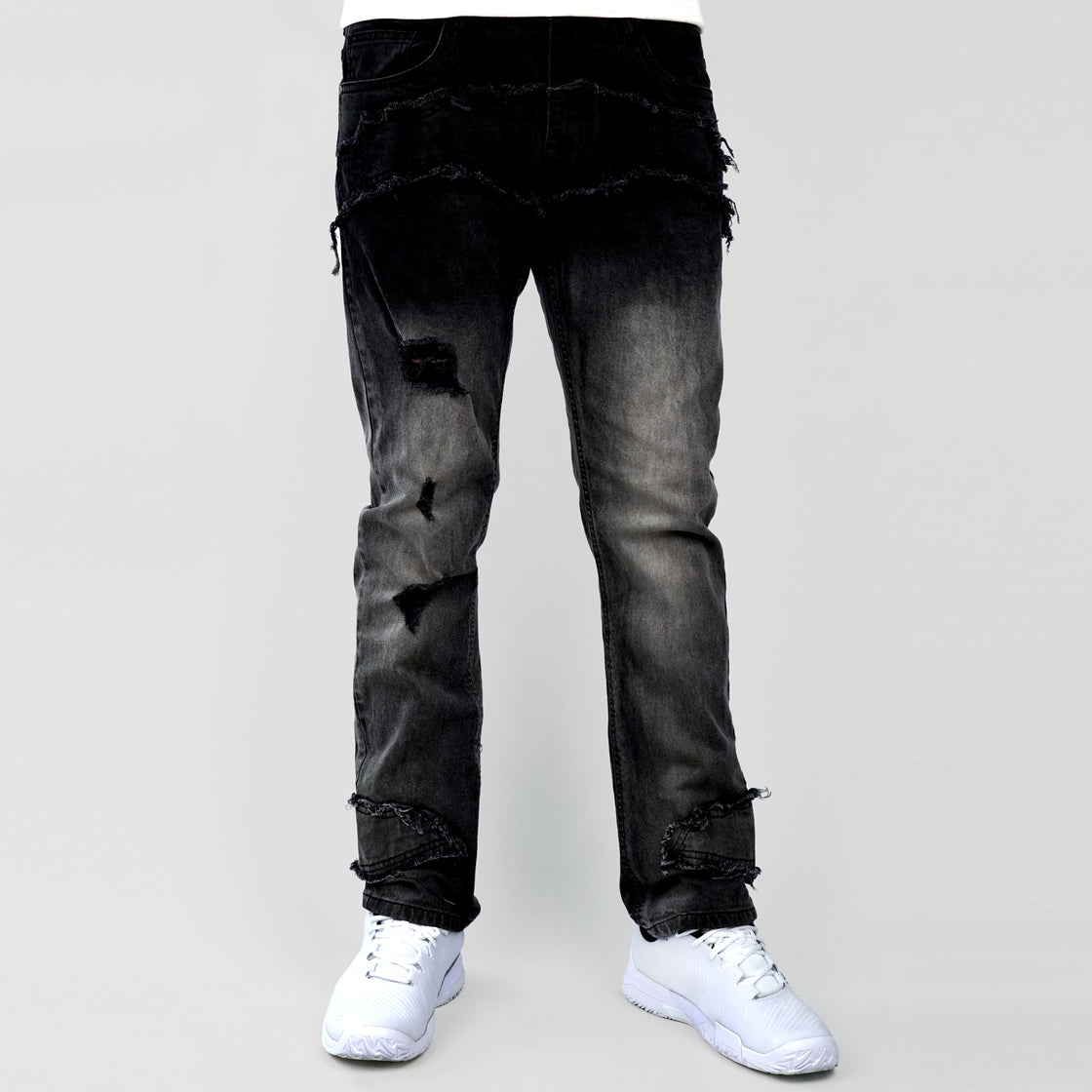 MENS DISTRESSED PATCH TRIM JEANS