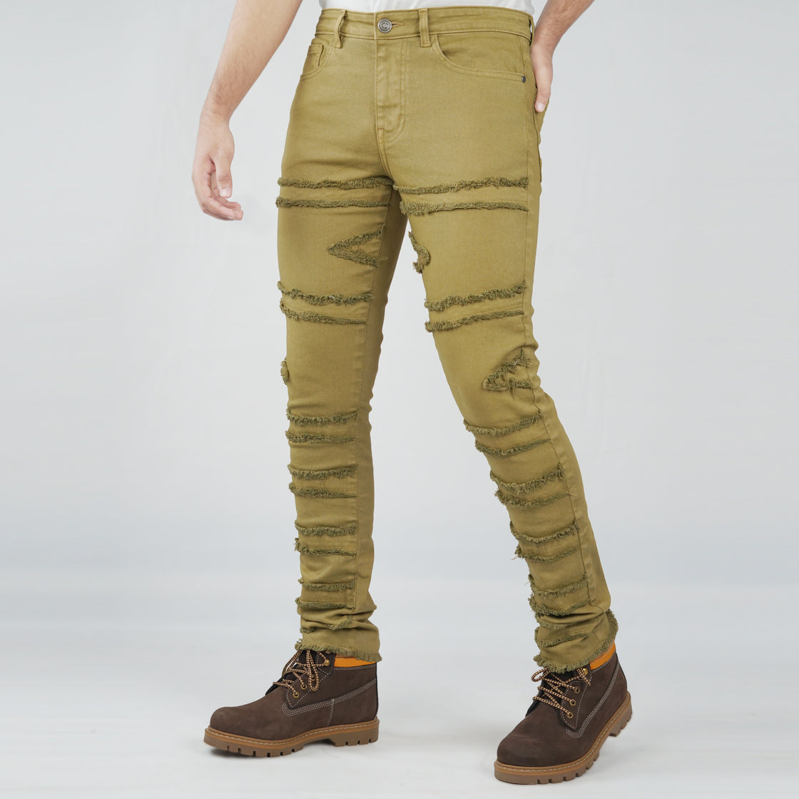 MENS FRAYED FABRIC PATCH TRIM PANTS (TWILL)