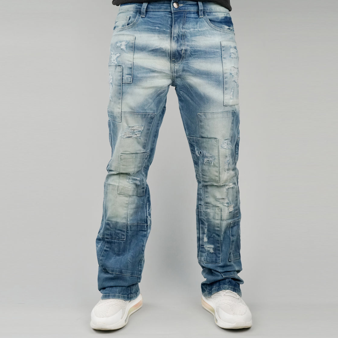 MENS PATCH JEANS WITH RIPS AND BACKING