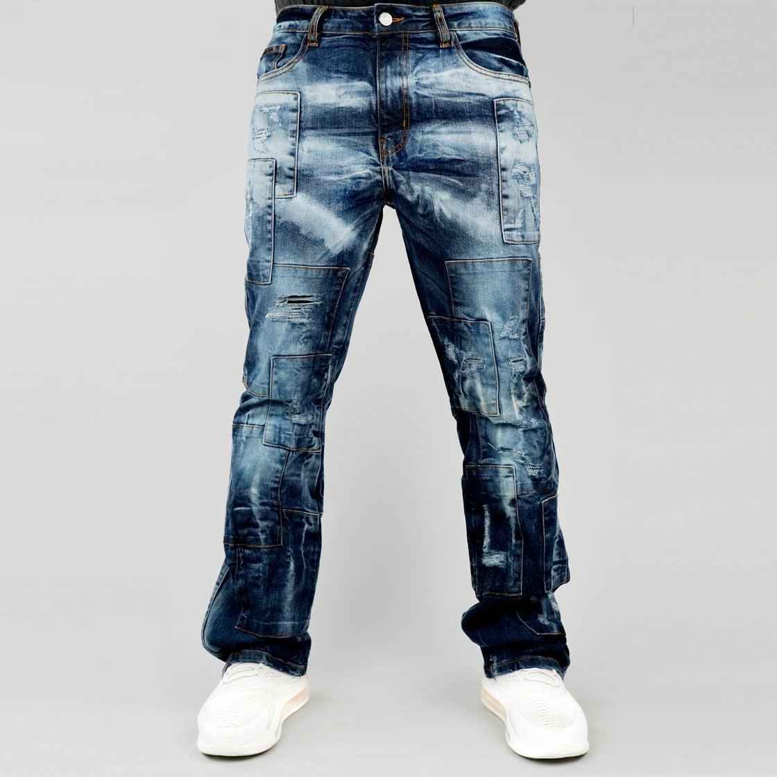 MENS PATCH JEANS WITH RIPS AND BACKING