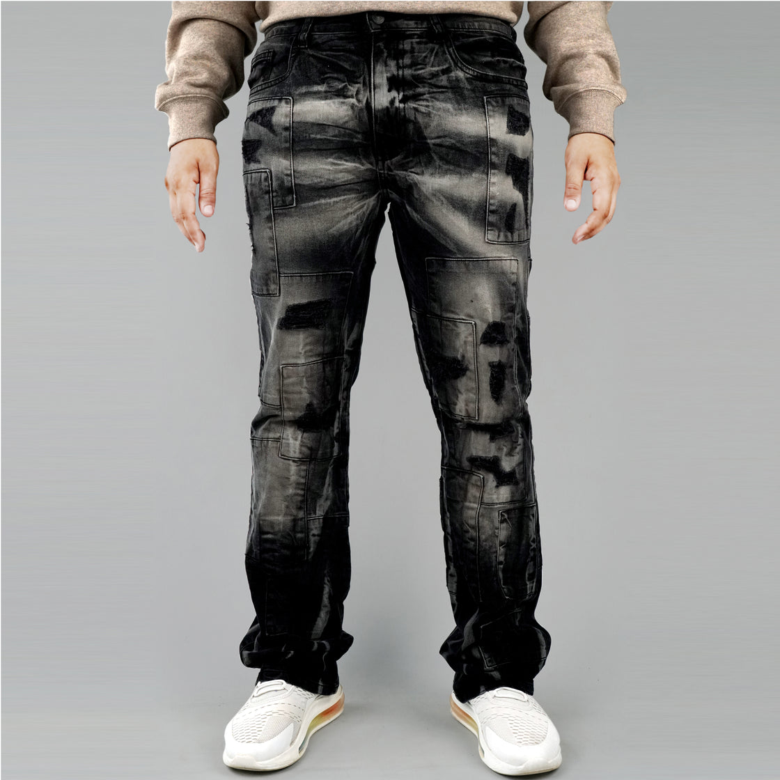 MENS PATCH JEANS WITH RIPS AND BACKING